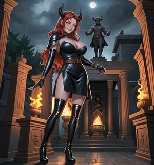 An ultra-detailed 16K masterpiece featuring fantasy, gothic and sensual styles, rendered in ultra-high resolution with realistic details. | A young 23-year-old woman, with huge breasts, wearing a devilish warrior costume consisting of black leather armor with red details, a short black leather dress with red details, black leather knee-high boots, black leather gloves, black leather and demon horns on the head. Her long red hair, styled in a wavy cut, has shiny strands that reflect the torchlight. Her yellow eyes look at the viewer with a seductive expression, smiling and showing her teeth. Located in a macabre temple at night, with dark stone structures, marble columns and demon sculptures. Heavy rain falls, creating a rhythmic sound as it hits the stone floor. Lighted torches illuminate the place, casting dancing shadows on the temple walls. A stone altar, statues of demon warriors, and ancient vases adorn the scene. | The image highlights the imposing figure of the young devilish warrior and the architectural elements of the temple. The dark stone structures, marble columns and demon sculptures, along with the warrior woman, altar, statues and ancient vases, create a frightening and seductive environment. Thunder in the night sky illuminates the scene, creating dramatic shadows and highlighting the details of the scene. | Soft, moody lighting effects create a relaxing and mysterious atmosphere, while rough, detailed textures on structures and costume add realism to the image. | A relaxing and terrifying scene of a young devilish warrior in a macabre temple, fusing elements of gothic art, fantasy and sensuality. | (((The image reveals a full-body shot as the young woman assumes a sensual pose, engagingly leaning against a structure within the scene in an exciting manner. She takes on a sensual pose as she interacts, boldly leaning on a structure, leaning back and boldly throwing herself onto the structure, reclining back in an exhilarating way.))). | ((((full-body shot)))), ((perfect pose)), ((perfect arms):1.2), ((perfect limbs, perfect fingers, better hands, perfect hands, hands)), ((perfect legs, perfect feet):1.2), the young woman has ((perfect breasts, firm breasts, saggy breasts, huge breasts)), ((perfect design)), ((perfect composition)), ((very detailed scene, very detailed background, perfect layout, correct imperfections)), Enhance, Ultra details, More Detail, ((poakl))