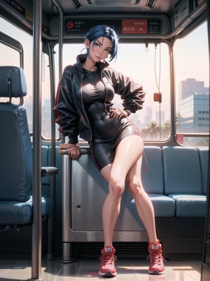a woman, wearing white T-shirt, black coat, red short skirt, sneakers, very tight and moderna outfit, ((gigantic breasts)), blue hair, braided hair, very short hair, wearing ((headphones)), is looking at the viewer, (((sensual pose with interaction and leaning on anything+object+leaning))), she is on a bus with seats, security bars, many people on the bus with different ethnicities, it is day, ((full body):1.5), 16K, UHD, maximum quality, maximum resolution, ultra realistic, ultra detailed, ((perfect_hands, perfect_fingers)), Furtastic_Detailer,Goodhands-beta2,