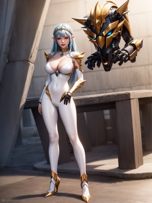 A woman, white suit with black parts, robotic body parts, (very big breasts), blue hair, short hair, hair with bangs in front of the eyes, helmet on the head, looking at the viewer, (((erotic pose interacting and leaning [on something|on an object]))), in a very large vehicle with diverse, machines, robots, ((full body):1.5), 16k, UHD,  best possible quality, ultra detailed, best possible resolution, Unreal Engine 5, professional photography, well-detailed fingers, well-detailed hand, perfect_hands, ((zelda style, saint seiya style, mecha style, robot style))