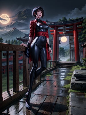 Just a student woman, wearing red silk coat, white T-shirt, short black pants, extremely tight and tight clothing on the body, gigantic breasts, black hair, very short hair, straight hair, hair with bangs in front of the eyes, staring at the spectator, (((erotic pose interacting and leaning on something))), in an ancient Japanese village, large pillars,  large structures, ghosts, fog, night mountain background with full moon at top left, ((full body):1.5), 16k, UHD, best possible quality, ((ultra detailed):1.2), best possible resolution, Unreal Engine 5, professional photography, perfect_hands