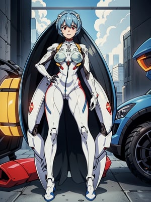 A woman, wearing mecha suit + mechanical suit, white suit with blue parts, gigantic breasts, light blue hair, short hair, straight hair, hair with bangs in front of the eyes, (lock helmet on the head), looking at the viewer, (((pose with interaction and leaning on [something|an object]))), in a giant robot hangar, with many vehicles, machines, gigane robots in the background, is daytime, ((full body):1.5), 16k, UHD, best possible quality, ultra detailed, best possible resolution, Unreal Engine 5, professional photography, well-detailed fingers, well-detailed hand, perfect_hands, ((rei_ayanami)) + ((neon_genesis_evangelion))