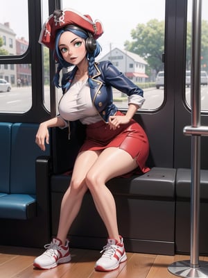 a woman, wearing white T-shirt, black coat, red short skirt, sneakers, very tight and moderna outfit, ((gigantic breasts)), blue hair, braided hair, very short hair, wearing  ((headphones)), is looking at the viewer, (((sensual pose with interaction and leaning on anything+object+leaning))), she is on a bus with seats, security bars, many people on the bus with different ethnicities, it is daytime, ((full body):1.5), 16K, UHD, maximum quality, resolution maximum, ultra realistic, ultra detailed, ((perfect_hands, perfect_fingers)),furtastic_detailer, Goodhands-beta2, ((Pirates of the Caribbean))