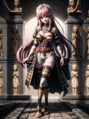 ((Full body, standing): 1.5), Princess Zelda: wearing extremely tight-fitting black maid outfit, with short white shorts, extremely large breasts, pink hair, blue eyes, doing erotic pose, smiling and looking at viewer , in an Egyptian tomb ((full of sarcophagi, with mummies inside):1.5). anime, anime, Hyperrealism, Hyperrealism, 16k, ((high quality, high details):1.4), UHD, masterpiece