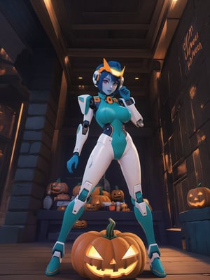 (Solo woman all-blue skin), wore all-white mecha suit, mecha suit with parts in blue+lights, mecha suit with cybernetic armor, mecha suit with robotic parts, gigantic breasts, ((mecha suit covering the whole body)), wearing cybernetic helmet with visor, mohawk hair, green hair, messy hair, (looking directly at the viewer), she is in an ancient village,  with altars, wooden structures, pumpkins with slaps, candles illuminating the place, many signs with monster drawings, candy machines, (((halloween, Ultra Technological)), 16K, UHD, best possible quality, ultra detailed, best possible resolution, Unreal Engine 5, professional photography, she is, ((sensual pose with interaction and leaning on anything + object + on something + leaning against)) + perfect_thighs, perfect_legs,  perfect_feet, better_hands, ((full body)), More detail,