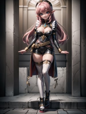 ((Full body, standing):1.5), Only Princess Zelda:wearing extremely tight-fitting black maid outfit, with short white shorts, extremely large breasts, pink hair, blue eyes, doing erotic pose, smiling and looking at the spectator, in an Egyptian tomb full of sarcophagi, with mummies inside. anime, anime, Hyperrealism, Hyperrealism, 16k, ((high quality, high details):1.4), UHD, masterpiece
