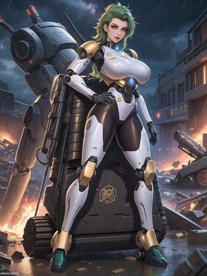 ((A woman, robot)), wearing all white robotic costume, robotic costume with gears in gold, robotic costume with armor, absurdly gigantic breasts, mohawk hair, green hair, messy hair, (looking directly at the viewer), she is in a war field with many vehicles with heavy armaments, many rubble, destroyed machines, it's night, heavy rain, thunder, ((Cyborg, mecha, futuristic)), 16K, UHD, best possible quality, ultra detailed, best possible possible resolution, Unreal Engine 5, professional photography, she is, ((sensual pose with interaction and leaning on anything + object + on something + leaning against)) + perfect_thighs, perfect_legs, perfect_feet, better_hands, ((full body)), More detail,