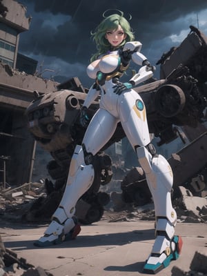 ((A woman, robot)), wearing all white robotic costume, robotic costume with gears in gold, robotic costume with armor, gigantic breasts, mohawk hair, green hair, messy hair, (looking directly at the viewer), she is in a war field with many vehicles with heavy armaments, many rubble, destroyed machines, it's night, heavy rain, thunder, ((Cyborg, mecha, futuristic)), 16K, UHD, best possible quality, ultra detailed, best possible possible resolution, Unreal Engine 5, professional photography, she is, ((dynamic pose with interaction and leaning on anything + object + on something + leaning against)) + perfect_thighs, perfect_legs, perfect_feet, better_hands, ((full body)), More detail,
