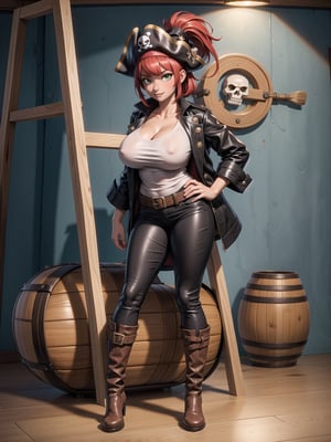 A woman, wearing pirate costume with black leather coat, white T-shirt, long brown leather pants, black leather boots, hat, gigantic breasts, bright red hair, extremely short hair, hair with bangs in front of the eyes, hair with ponytail, looking at the viewer, sensual pose+Interacting+leaning on anything+object+leaning against on a pirate ship with many wooden structures,  barrels, treasure chests, pirates of different ethnicities, ((full body):1.5), 16K, UHD, unreal engine 5, quality max, max resolution, ultra-realistic, ultra-detailed, maximum sharpness, ((perfect_hands):1), Goodhands-beta2, ((gigantic breasts, sensual pose+Interacting+leaning on anything+object+leaning against)), ((pirates of the caribbean)),