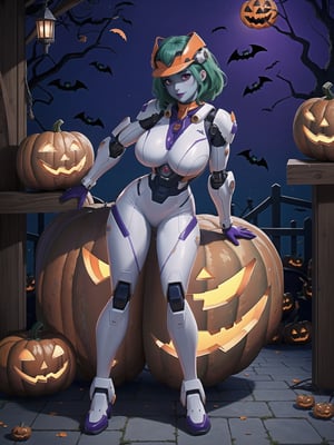 (woman_solo all-blue skin), wore all-white mecha suit, mecha suit with parts in red+lights, mecha suit with cybernetic armor, mecha suit with robotic parts, gigantic breasts, ((mecha suit covering the whole body)), wearing cybernetic helmet with visor, mohawk hair, green hair, messy hair, (looking directly at the viewer), she is in an ancient village,  with altars, wooden structures, pumpkins with slaps, candles illuminating the place, many signs with monster drawings, candy machines, (((halloween, Ultra Technological)), 16K, UHD, best possible quality, ultra detailed, best possible resolution, Unreal Engine 5, professional photography, she is, ((sensual pose with interaction and leaning on anything + object + on something + leaning against)) + perfect_thighs, perfect_legs,  perfect_feet, better_hands, ((full body)), More detail,