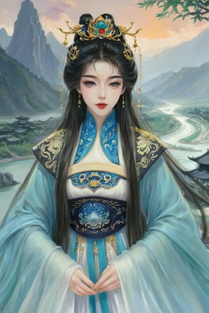 chinese_painting, drawn with oil, ACPt, (looking-at-viewer:1.5), woman in traditional Chinese-inspired fantasy attire facing viewer, detailed and elegant, with long flowing hair and intricate hair ornaments. The background is a serene, ancient chinese buildings, lush mountain and river. The art style should be digital, highly detailed, similar to anime or manga illustrations drawn with thick outlines, while focusing on intricate clothing designs and ethereal atmosphere.

detailed shader, detailed fingers, detailed eyes, white lighting, 300dpi, 
