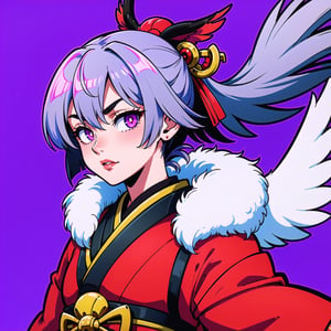 Man, Tengu, Onmyoji, Bird's Beak, Shaggy, Gray Hair, White Feathers, Long Wings, Purple Pupils, Kimono, Japanese Style, Simple Background