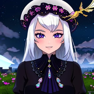 masterpiece, best quality,, 1girl, (colorful),(finely detailed beautiful eyes and detailed face),cinematic lighting,bust shot,extremely detailed CG unity 8k wallpaper,white hair,solo,smile,intricate skirt,((flying petal)),(Flowery meadow), sky, cloudy_sky, building, moonlight, moon, night, (dark theme:1.3), light, fantasy,