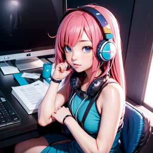 anime girl sitting at a desk with headphones on writing, anime style 4 k, digital anime illustration, digital anime art, anime style. 8k, anime moe artstyle, anime art wallpaper 4 k, anime art wallpaper 4k, anime style illustration, smooth anime cg art, detailed digital anime art, anime art wallpaper 8 k, realistic anime 3 d style