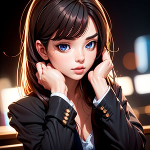 Top Quality, Masterpiece, 1 Girl, Beautiful Face, (Photorealistic Photos:1.3), Rim Lighting, (High Detail Skin:1.2), 8K UHD, DSLR, High Quality, High Definition, 4K, 8K, Bokeh, (Real: 1.3), Small Face, Cute One Girl, Black Formal Blazer, Middle Breast, Short Skirt,Office