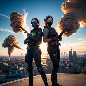 ((high quality)), ((masterpiece)), 8k, 2girls, bulletproof vest, light rays, extremely detailed CG unity 8k wallpaper, game cg, looking at viewer, gloves, boots, full body, watch, computer, mask, drone, holding weapon, headphones, jacket, (background destroyed city , explosion , smoke