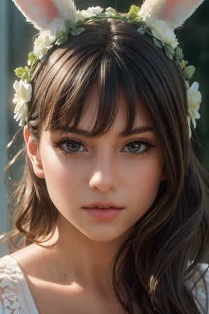 A rabbit girl with long, fluffy rabbit ears, beautiful detailed eyes, beautiful detailed lips, extremely detailed face, long eyelashes, intricate floral crown, delicate porcelain skin, whimsical expression, detailed texture, intricate patterns, soft lighting, muted color palette, cinematic composition, digital art, vibrant colors, warm lighting, highly detailed, photorealistic, 8k, masterpiece, (best quality, 4k, 8k, highres, masterpiece:1.2), ultra-detailed, (realistic, photorealistic, photo-realistic:1.37)