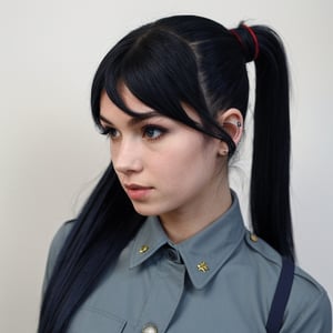 1girl, solo, Laura S. Arseid (long dark blue hair, ponytail and side Bang, small boobs), (inspired by trails of cold steel) in a school dress in a military school, embarrassed,Masterpiece