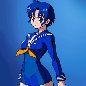 (masterpiece), (best quality), realistic, cinematic light, Mizuno Ami, Sailor Mercury, stand, battlefield background, perfect body, blue hair, uniform,animeTWO