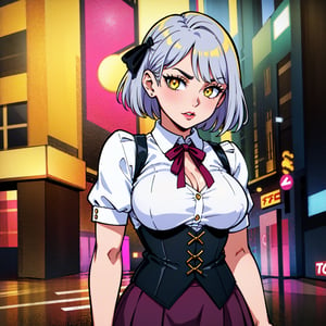 Girls, gray-haired, short-haired, yellow-eyed, small breasts, cat hair ornament, sidelocks, gray-haired, shiny hair, uniform, (golden eyes: 1.2), (two long triangular extensions on the skirt, vest corset on the stomach), white buttons of the vest corset, (stripped shirt with short sleeves under the vest corset), (sleeves ends closer to the arms), (thick ribbon of black color on the neck), ( short magenta skirt),