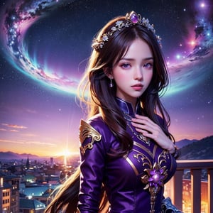 masterpiece, best quality, ultra-detailed, illustration, , , 1girl,solo, image body, flower, looking at viewer, , , purple eyes, jewel-like eyes, extremely detailed eyes, extremely detailed face,, , star (sky), constellation, purple energy, railing, meteor