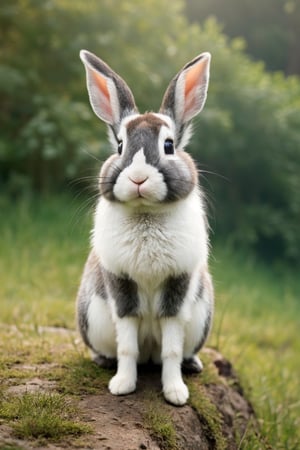 a cute rabbit with large fluffy white ears, big black eyes, tiny pink nose, soft fur, adorable expression, sitting in a grassy field, natural lighting, vibrant colors, 8k, highly detailed, photorealistic, professional photography