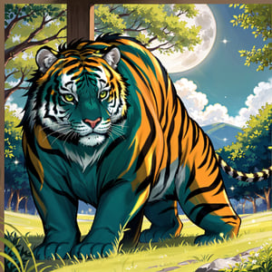 A festive scene for Patrick's Day with a majestic tiger perched on a lush green meadow in the moonlight. The tiger's fur is vibrant and detailed, with golden stripes that shimmer in the night. The moonlight casts a soft glow, illuminating the surroundings. The background is filled with rich shades of greens, representing the Irish landscape. It showcases a lively celebration in the distance with people dancing, wearing green attire, and expressing joy. The overall high-quality and realistic rendering captures the essence of the festival with vibrant colors, sharp focus, and ultra-detailed features of the tiger and the landscape. The art style is a blend of traditional illustration and photorealism, creating a visually stunning and captivating image. The lighting is soft and gentle, complementing the moonlit atmosphere and creating a harmonious composition.