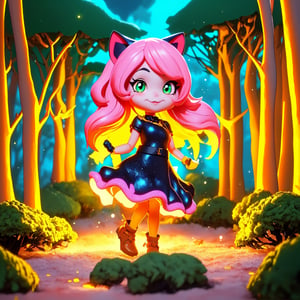 (best quality,4k,8k,highres,masterpiece:1.2),ultra-detailed,1girl,anime:black cat,bioluminescent organisms,mysterious glowing forest,soft glow from the girl's hands,ethereal atmosphere,dreamlike setting,colored lights dancing in the background,illuminating the girl's hair,3D