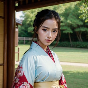 ((Top Quality, 8K, Masterpiece: 1.3)), Sharp Focus: 1.2, (Super Beautiful Face: 1.0), (Glossy Skin: 1.0), Realistic Photos, Black Hair, Realistic Pupils, Movie Lighting, Highly Detailed Eyes and Face, Movie Lighting, (Cowboy Shot: 1.0), (kimono, hakama, obi: 1.15),　(Korean Cute Actress), in nature, classic kimono,