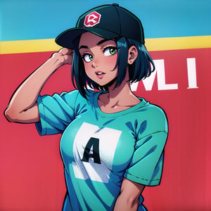 1girl, solo, dark skin, dark-skinned female, upper body, baseball cap, t-shirt, tomboy