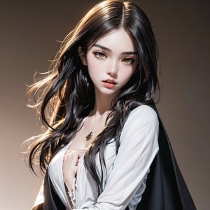 A young tall thin girl with a handsome face with perfect thin features, long black hair, yellow eyes, beautiful black eyebrows, a vampire, a thoughtful expression on his face, in a snow-white shirt and a black cape, a dagger in his hand,