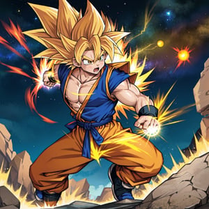 best quality,ultra-detailed,realistic,anime,Dragon Ball,super saiyan,goku,powerful energy blasts,fighting pose,floating in mid-air,intense battle scene,bright vibrant colors,dynamic action,ki aura,spiky hair,strong muscular physique,epic battle,explosions and destruction,surrounded by debris and dust,fierce expression,power level over 9000,flying rocks,mystical dragon,shenron,summoning dragon balls,seven orange glowing balls,emitting golden light,dragon's fiery breath,dragon scales and wings,fiery orange and yellow colors,epic power unleashed,cosmic energy,energy beam clashes,energy waves,star-filled sky,beaming with power and determination,high-intensity energy training,training montage,dragon radar,adventure and exploration,universe at stake,fighting against villains,superhuman strength and speed,fusion technique,teamwork and friendship,legendary transformation.