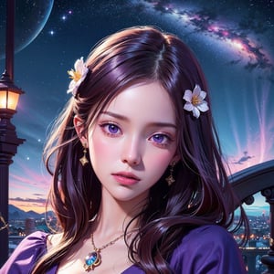 masterpiece, best quality, ultra-detailed, illustration, , , 1girl,solo, image body, flower, looking at viewer, , , purple eyes, jewel-like eyes, extremely detailed eyes, extremely detailed face,, , star (sky), constellation, purple energy, railing, meteor