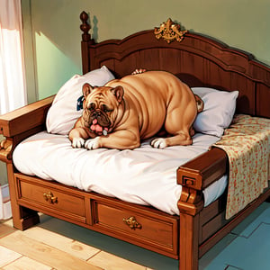 Bulldog sleeping in a king bed