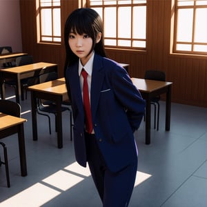 Shiina midday, classroom, uniform, highest quality, highly detailed, realistic shadows, realistic texture