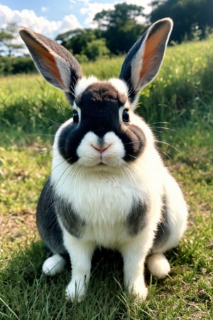 a cute rabbit with large fluffy white ears, big black eyes, tiny pink nose, soft fur, adorable expression, sitting in a grassy field, natural lighting, vibrant colors, 8k, highly detailed, photorealistic, professional photography