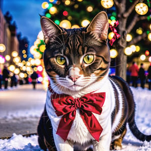 (a cute pet cat:1.1),(christmas theme:1.1),(colorful lights),(snowy background),(warm atmosphere),(soft fur texture),(playful and curious),(festive decorations),(adorable expressions),(beautiful eyes),(holiday spirit),(furry friend),(heartwarming scene),(captivating charm),(joyful celebration),(whiskers and paws),(bright red ribbon),(glimmering ornaments),(cozy and magical),(cat's playful antics)