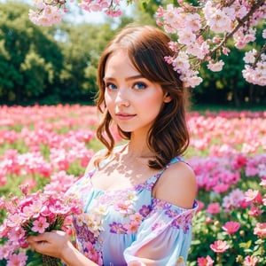 masterpice, (best quality), ((best detailed)), depth of field, a beautiful girl, beautiful face, nature, spirit, blossom, colorful landscape, flowers, butterflys, glowing dress, elements,girl,Masterpiece