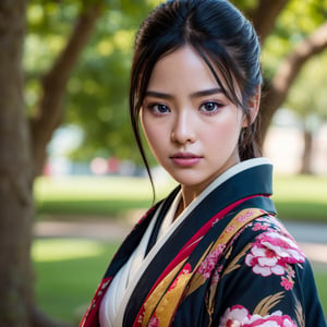 ((Top Quality, 8K, Masterpiece: 1.3)), Sharp Focus: 1.2, (Super Beautiful Face: 1.0), (Glossy Skin: 1.0), Realistic Photos, Black Hair, Realistic Pupils, Movie Lighting, Highly Detailed Eyes and Face, Movie Lighting, (Cowboy Shot: 1.0), (kimono, hakama, obi: 1.15),　(Korean Cute Actress), in nature, classic kimono,realistic