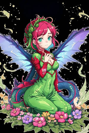 a girl in a garden,illustration,cute dragon,fairy tale,detailed wings,vibrant colors,soft lighting,highres,anime style