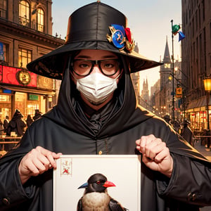 (masterpiece, best illustration,) medieval, beak mask, black robe, city background, doctor, masked, one person, clear, fine motor, wearing hat with brim, glasses, can&#39;t see eyes, hands parked crow