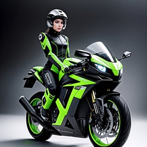 Highest image quality, outstanding details, ultra-high resolution, (realism: 1.4), the best illustration, favor details, highly condensed 1girl, with a delicate and beautiful face, dressed in a black and green mecha, wearing a mecha helmet, holding a directional controller, riding on a motorcycle, the background is a high-tech lighting scene of the future city. surreal illustration, surreal rendering, clean digital rendering, photo realistic rendering, surreal illustration,REALISTIC