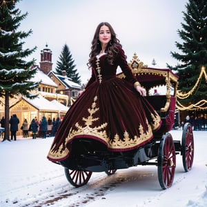 A girl in a chocolate carriage near a Christmas tree, surrounded by mythical gifts on a snowy day. (best quality,4k,8k,highres,masterpiece:1.2),ultra-detailed,(realistic,photorealistic,photo-realistic:1.37),illustration,enchanted scene,beautifully decorated carriage with intricate details,deliciously rich and textured chocolate,sparkling snowflakes falling gently,