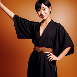 1girl, solo, japanese clothes, short hair, weapon, sword, brown eyes, looking at viewer, kimono, brown hair, lips, hand on hip, sheath, smile, katana, black hair, upper body, closed mouth, sheathed, hand up
