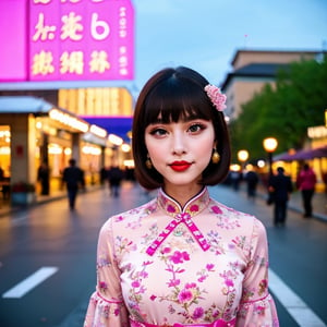 Masterpiece, Best Quality, Waterfront, Banquet, 1 Woman, Mature Woman, Elegant, Chinese Style, Ancient China, Sister, Royal Sister, Happy, Meatball Head, Light Brown Hair, Pink Eyes, Gorgeous Headwear, Light Pink Lips, Pink Clothes, Yarn like Clothing, Intellectual, Full bangs, Flat bangs, Flower Ball, Face Delicate,Updo