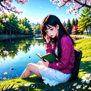 Girl reads a book by the lake, bright colors, spring, willow branches, comfort, warm sunlight