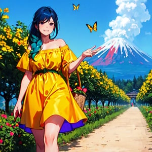 best quality, highres, ultra-detailed, realistic, vivid colors), a girl with a fruit dress, smiling with blue hair, and in the background an erupting volcano, (oil painting, large canvas), detailed eyes, detailed lips, dress made of vividly colored fruits, flowing blue hair, joyful expression, standing in a lush green garden, surrounded by vibrant flowers, holding a basket of ripe fruits, sunlight illuminating her face and casting beautiful shadows, butterflies fluttering around her, birds chirping in the distance, vibrant colors of the garden contrasting with the dark smoke and lava from the erupting volcano, creating a sense of tension and contrast in the scene, capturing the beauty and strength of nature, a harmonious blend of serenity and power, a masterpiece that captures the viewer's attention with its intricate details and vibrant colors.