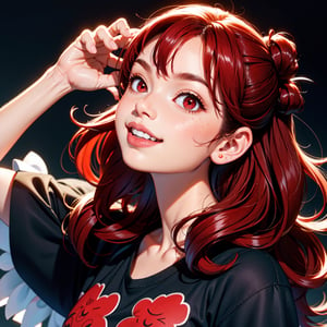 Top Quality, Masterpiece, Black Hair, Red Eyes, Looking Up, Upper Body, Kawaii, Ruffled Shirt, Smile,Red Hair
