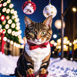 (a cute pet cat:1.1),(christmas theme:1.1),(colorful lights),(snowy background),(warm atmosphere),(soft fur texture),(playful and curious),(festive decorations),(adorable expressions),(beautiful eyes),(holiday spirit),(furry friend),(heartwarming scene),(captivating charm),(joyful celebration),(whiskers and paws),(bright red ribbon),(glimmering ornaments),(cozy and magical),(cat's playful antics)