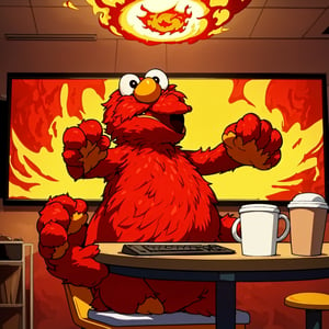 (masterpiece, best quality, 2D illustration, 2D, best of artstation),(1 Elmo muppet, muppet, Elmo, red fur:1.1), sitting behind a desk, Elmo as a programmer, soft round yellow, computer screen with many errors, mac pro computer, (everything is on fire, one coffee cup is on fire,the room is on fire, chaos in the background, thick smoke clouds collecting on the ceiling,huge flames:1.2), Elmo is holding his flaming coffee cup with two hands, (furry arms:1.3)