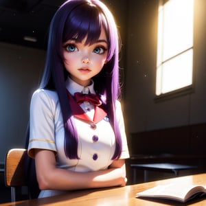 1girl, long midnight purple hair, golden light eyes, sit in class, white school modern uniform, anime